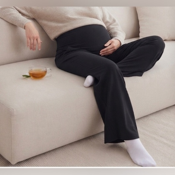Thyme Pants - Women's Black Straight-Leg Maternity/Jumpsuit Pants with Fold-Over Waist